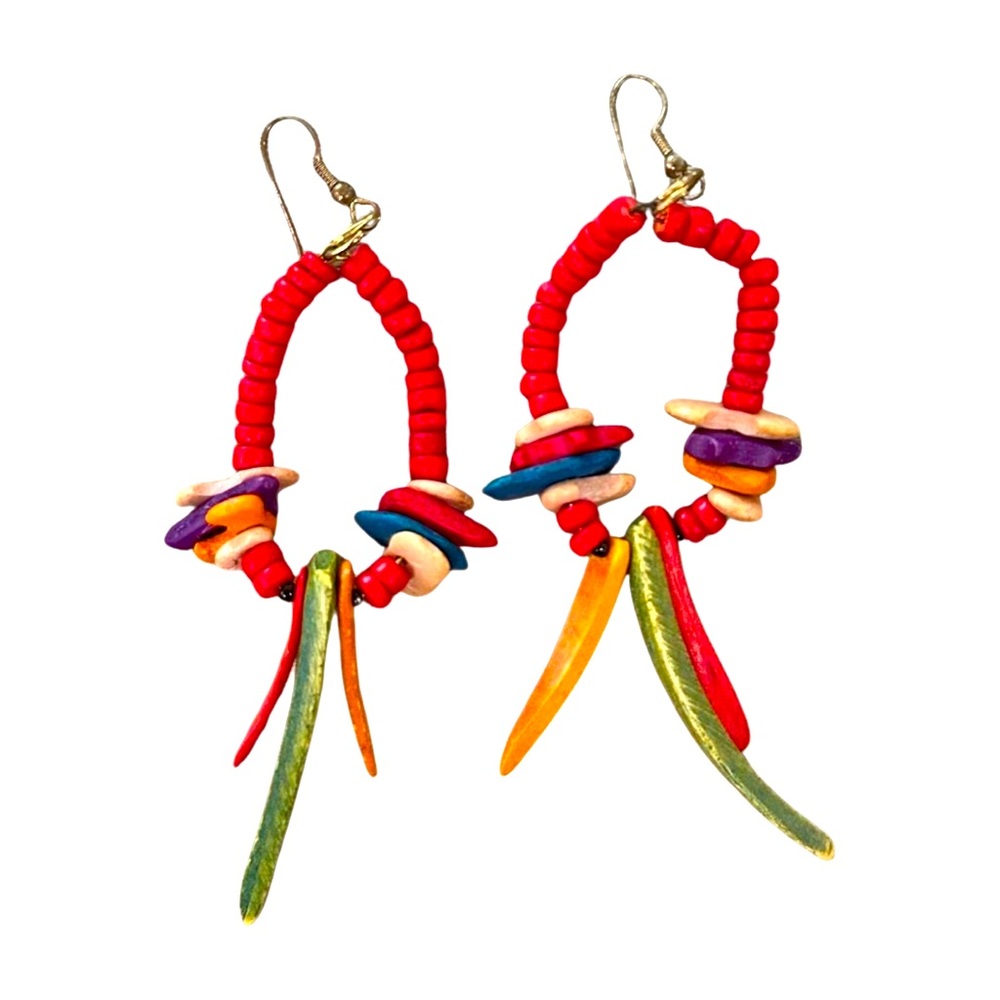 Vintage Eclectic Boho Wood Bead Earrings – Red & Rainbow Festival Style